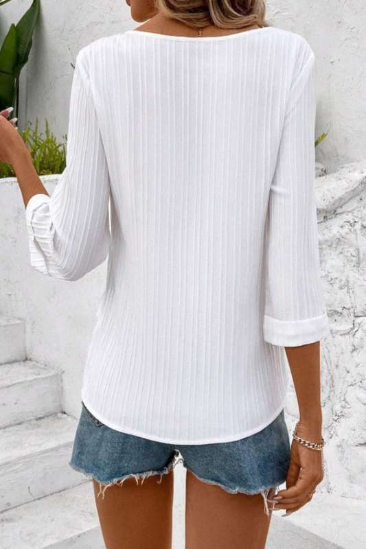 Holidaya Solid Color Loose Texture Shirt,Three Quarter Sleeve Top