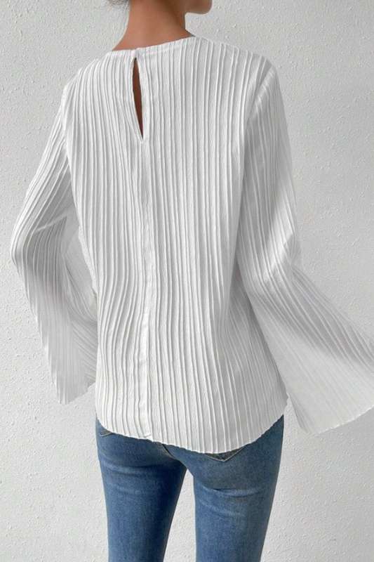 LUNE Solid Flare Sleeve Plisse Blouse,Long Sleeve Top