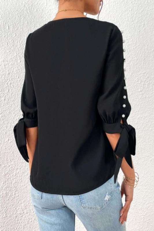 Privé Pearls Beaded Knot Cuff Button Front Blouse