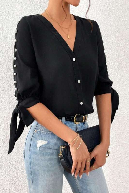 Privé Pearls Beaded Knot Cuff Button Front Blouse