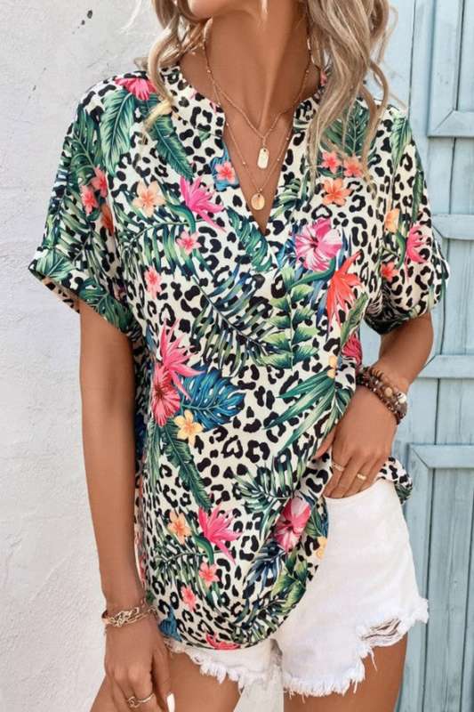 VCAY Leopard & Tropical Print Batwing Sleeve Popover Blouse