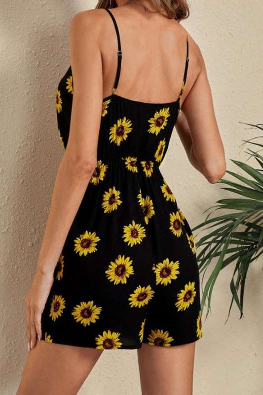 VCAY Sunflower Print Surplice Front Cami Romper