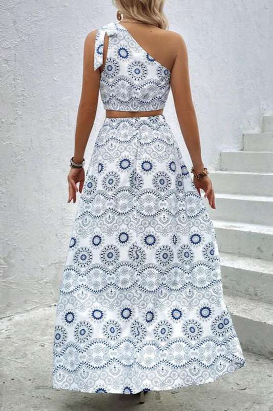 VCAY Allover Print One Shoulder Crop Top & Split Thigh Skirt
