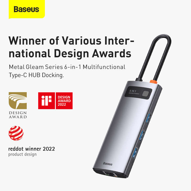 Baseus Metal Gleam Series - 6-in-1 HDMI & RJ45 Type C Hub - For Work