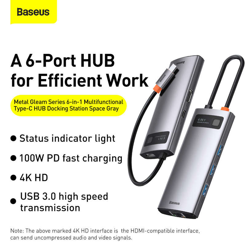 Baseus Metal Gleam Series - 6-in-1 HDMI & RJ45 Type C Hub - For Work