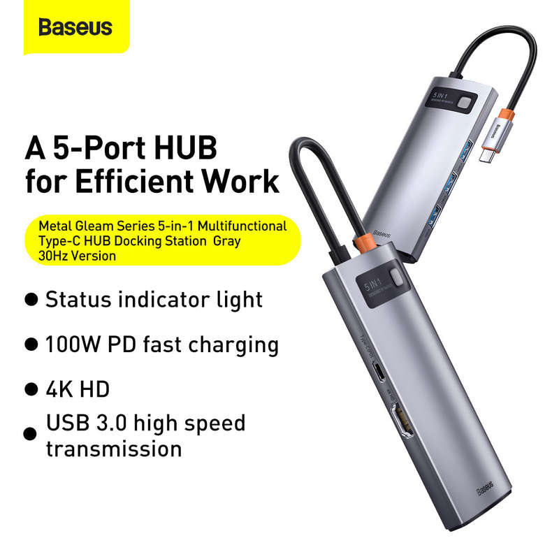 Baseus Metal Gleam Series 5-in-1 Type-C Silver Docking Station - For Work