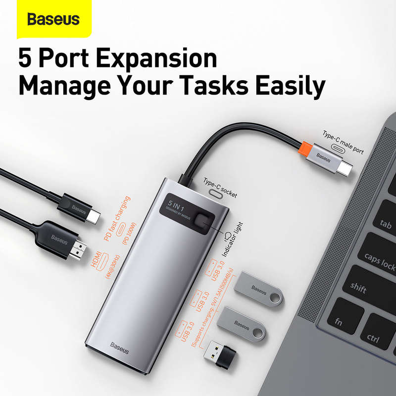 Baseus Metal Gleam Series 5-in-1 Type-C Silver Docking Station - For Work