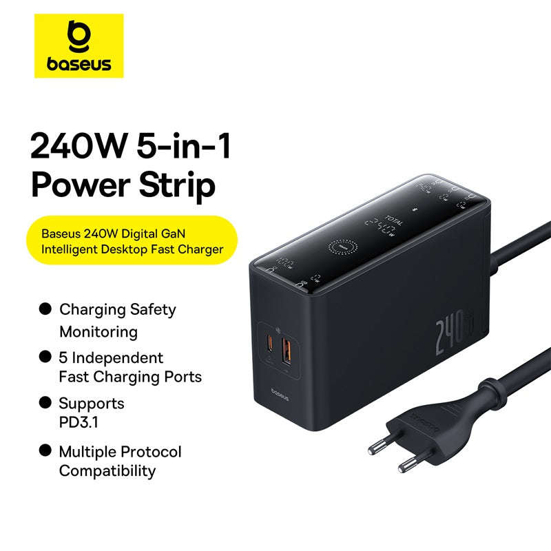 Baseus Digital GaN Intelligent Desktop Fast Charger 3C+U+DC 240W EU Cluster Black (With:DC-DC Cha...