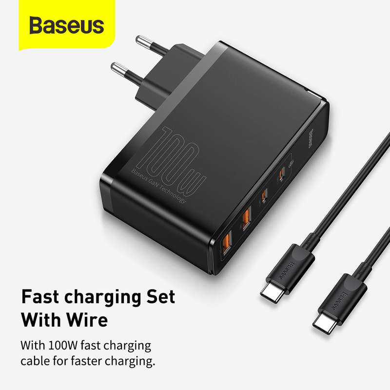 Baseus GaN2 Pro 100W Quick Charger with 4 Ports, 2 USB-C + 2 USB EU