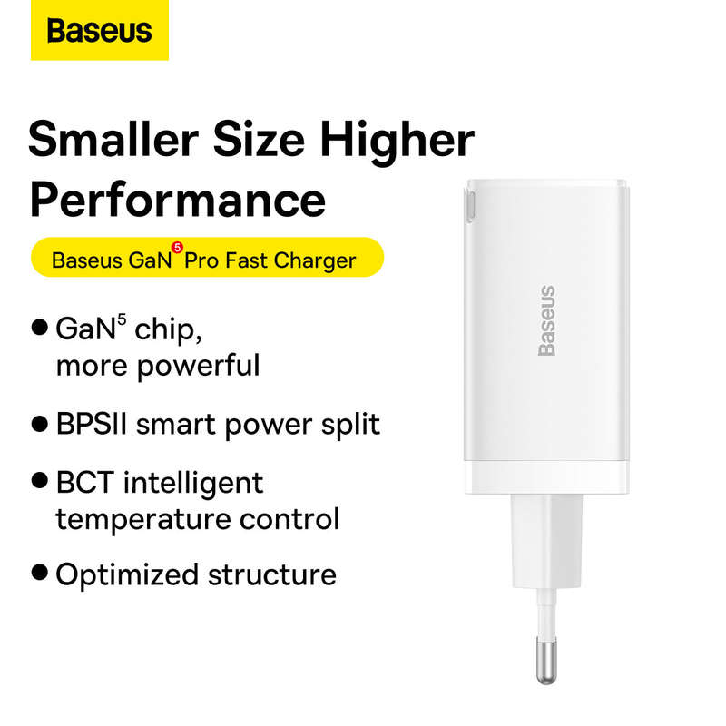 Baseus GaN5 Pro - 65W 3 - Port (2C1A) EU Fast Charger - For Mobile Devices