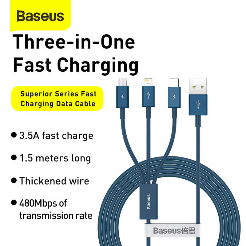 Baseus Superior Series Fast Charging Data Cable USB to M+L+C 3.5A 1.5m
