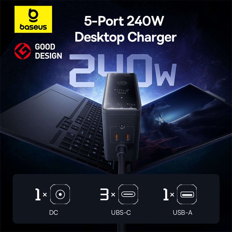 Baseus Digital GaN Intelligent Desktop Fast Charger 3C+U+DC 240W EU Cluster Black (With:DC-DC Cha...