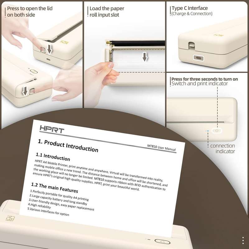 HPRT MT810 - Portable Printer With A Roll of Thermal Paper - Office/Home