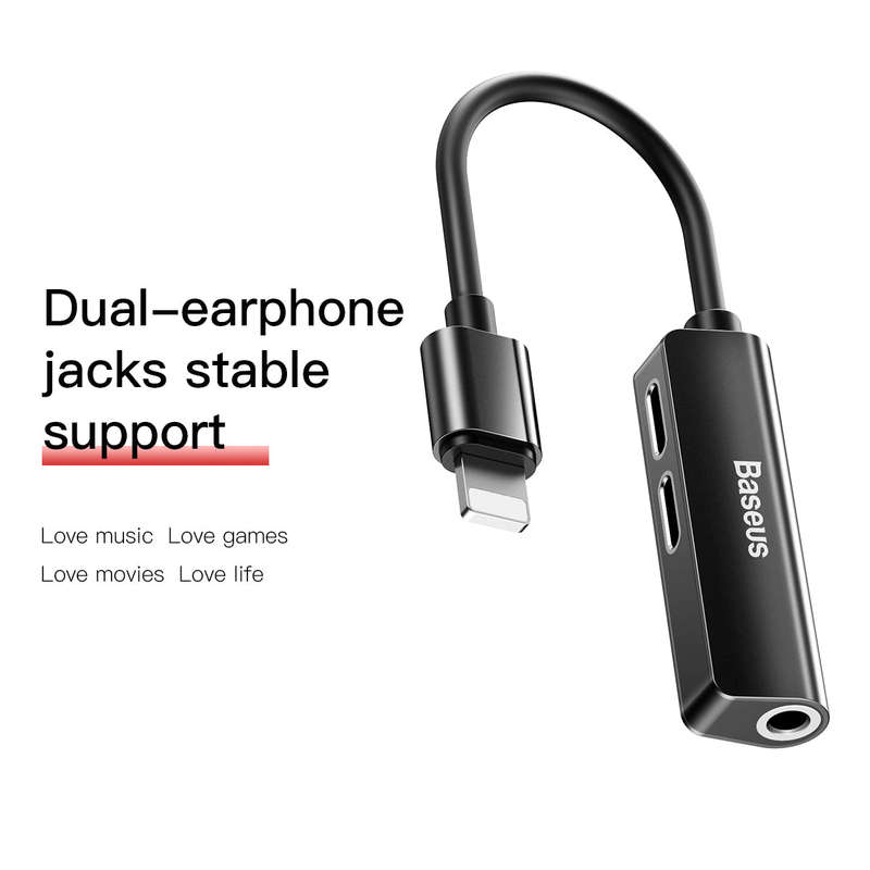 Baseus L52 3 in 1 Male iOS to Dual iOS and 3.5mm Female Audio Adapter Black