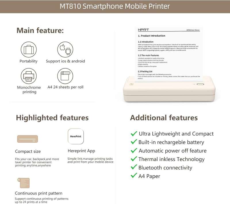 HPRT MT810 - Portable Printer With A Roll of Thermal Paper - Office/Home