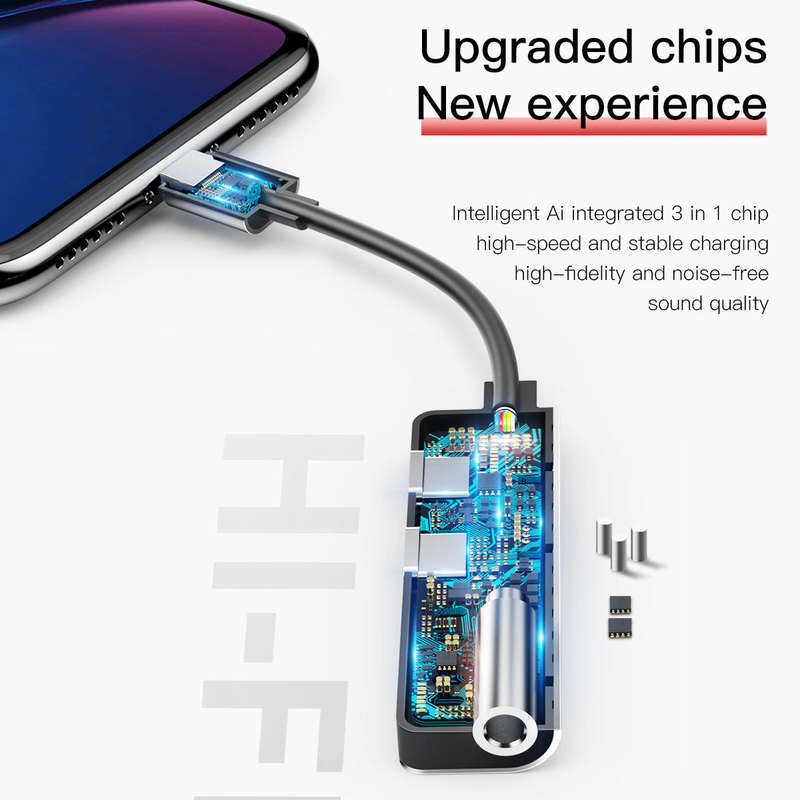 Baseus L52 3 in 1 Male iOS to Dual iOS and 3.5mm Female Audio Adapter Black