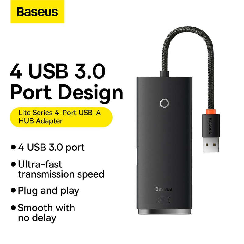 Baseus Lite Series - Four USB-A 3.0 Ports Hub (25cm Black) - For Work