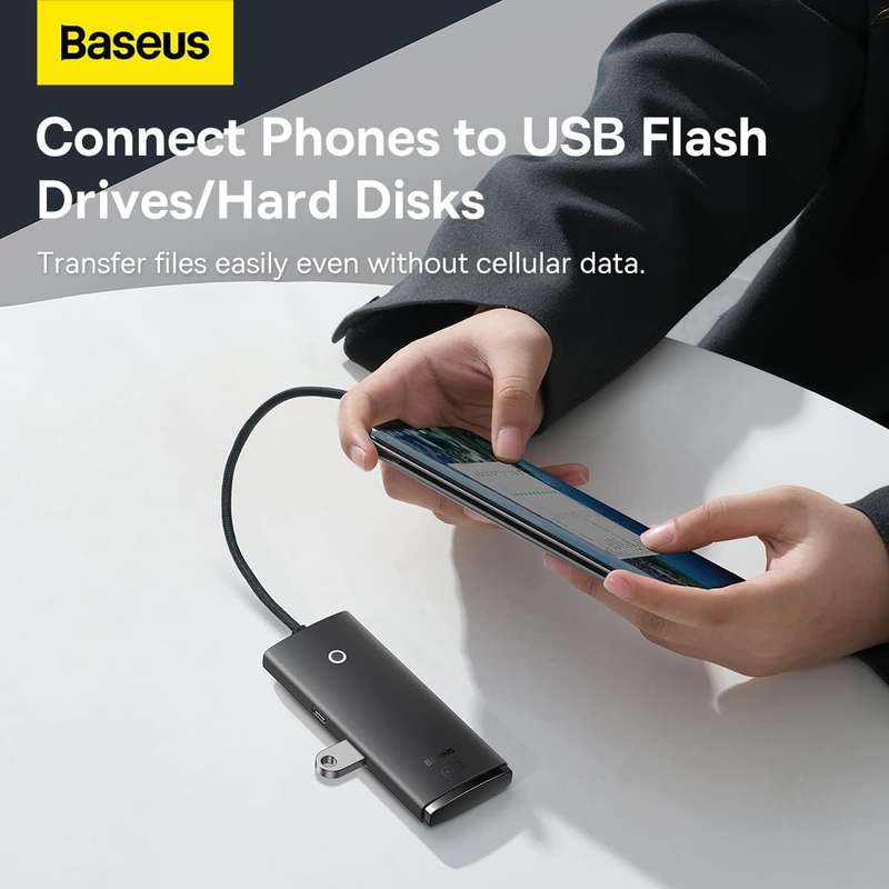 Baseus Lite Series - Four USB-A 3.0 Ports Hub (25cm Black) - For Work