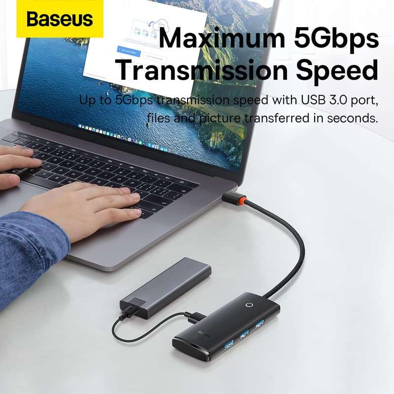 Baseus Lite Series - Four USB-A 3.0 Ports Hub (25cm Black) - For Work