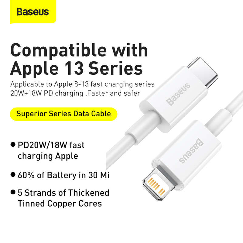 Baseus Superior Series Fast Charging Data Cable Type C to iOS PD 20W 1.5M White