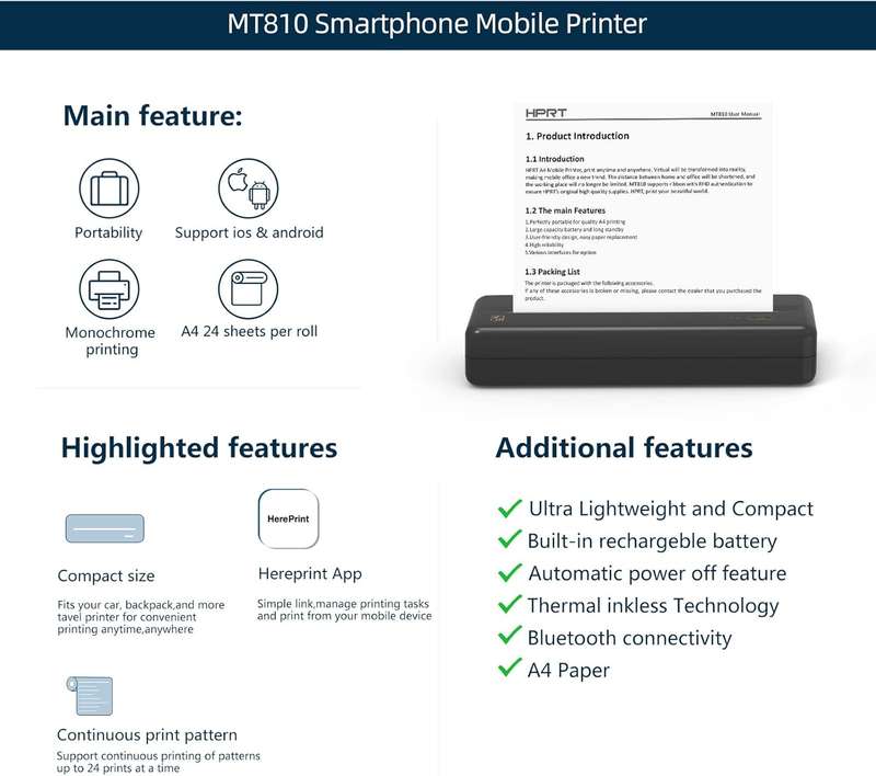 HPRT MT810 - Portable Printer With A Roll of Thermal Paper - Office/Home
