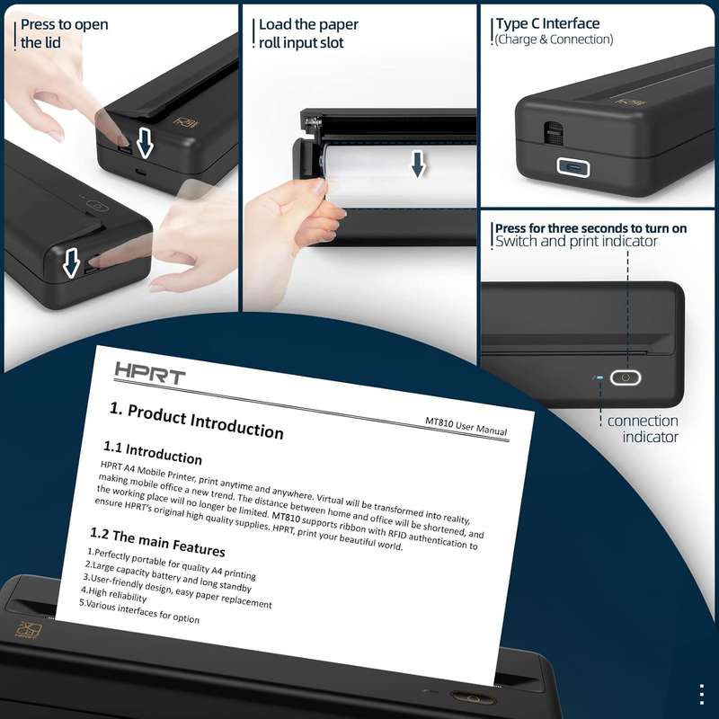 HPRT MT810 - Portable Printer With A Roll of Thermal Paper - Office/Home
