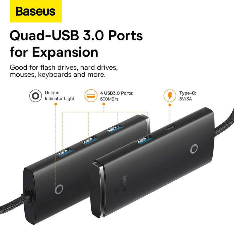 Baseus Lite Series - Four USB-A 3.0 Ports Hub (25cm Black) - For Work