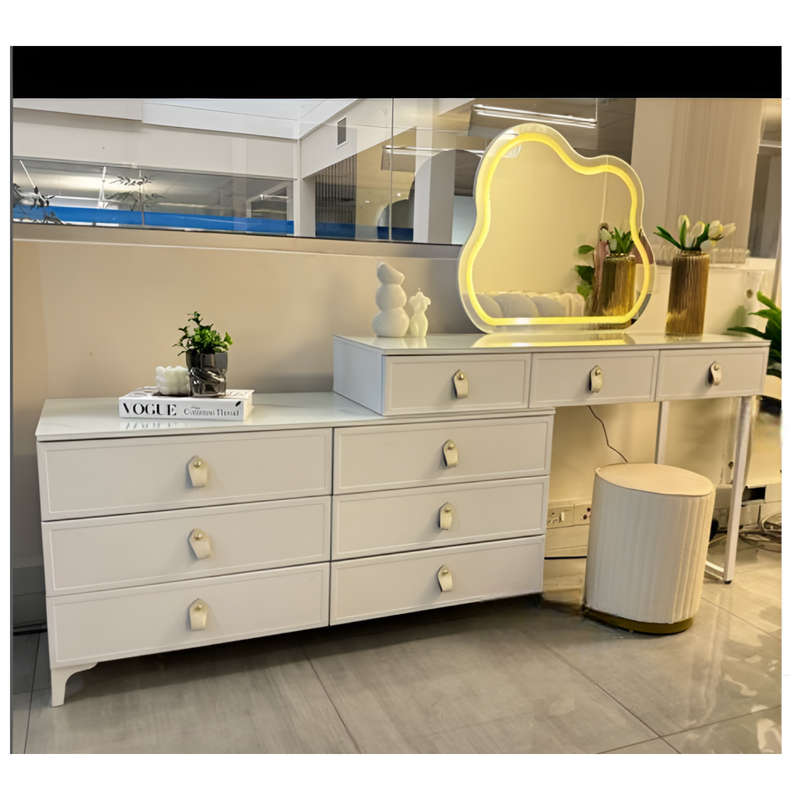 Modern Dressing Table With 9-Drawers, LED Mirror and Ottoman 241
