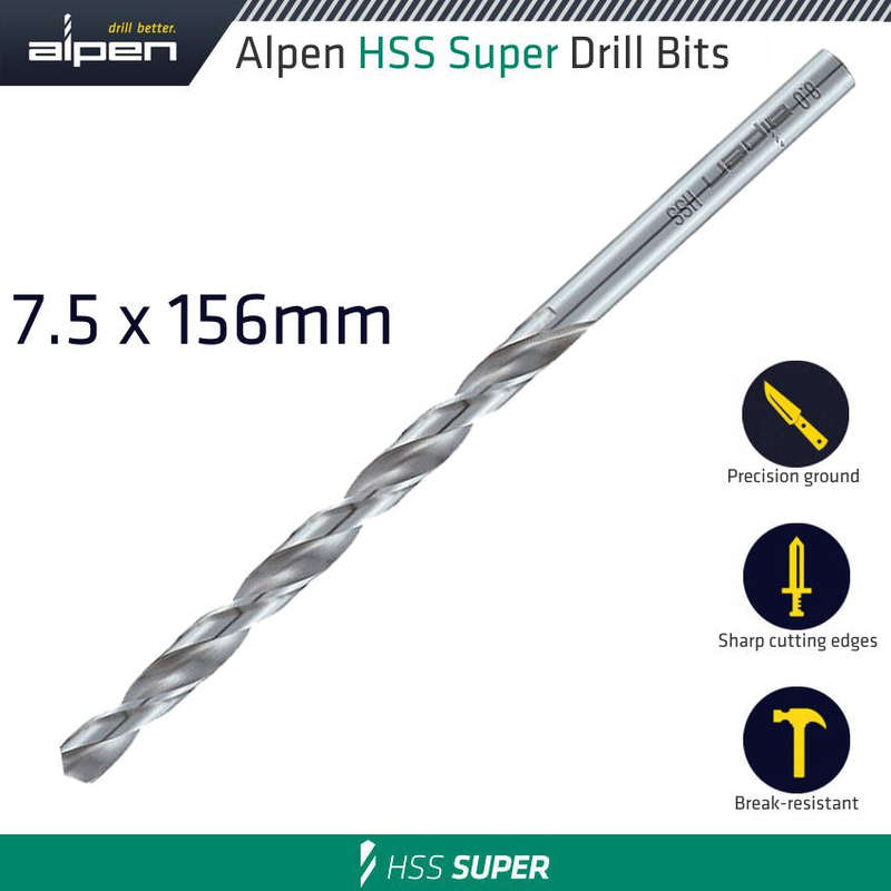 Hss drill bit long 7.5 x 156mm bulk