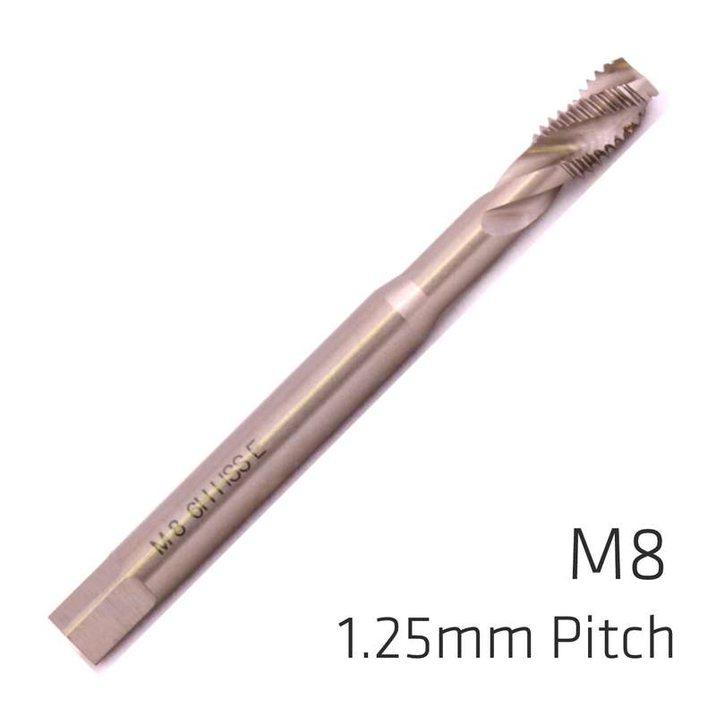 Machine tap cobalt 8mm spiral fluted in pouch 1.25mm pitch