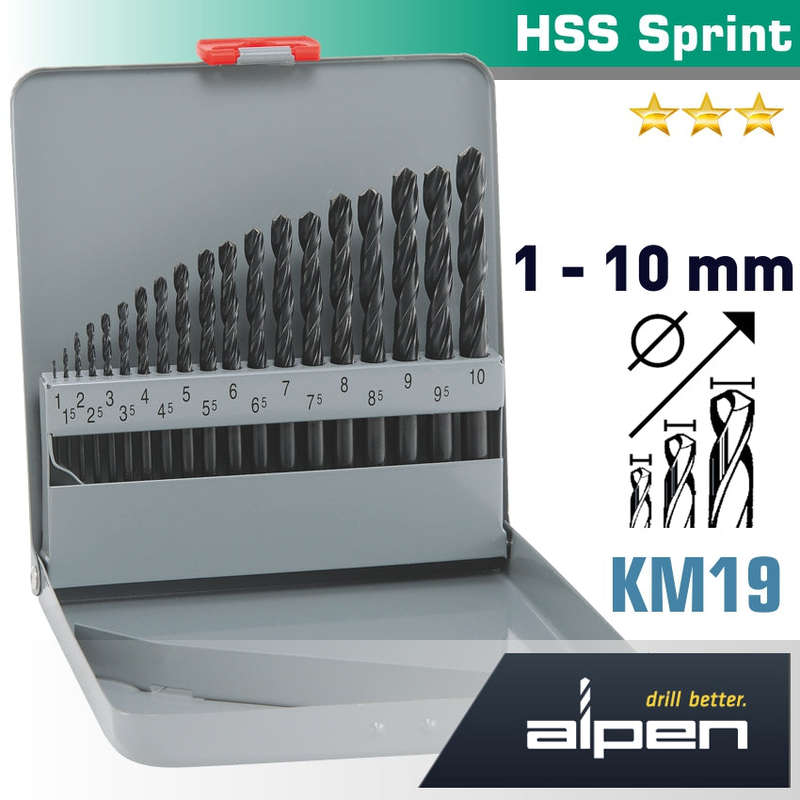Hss sprint drill bit set 19 piece 1-10 x 0.5mm in metal case