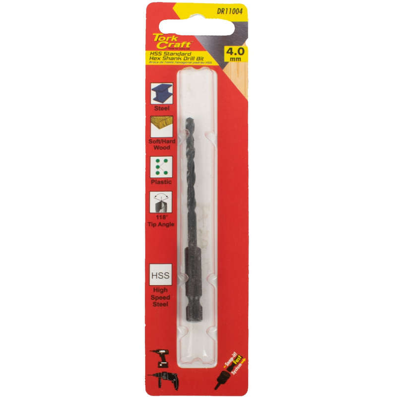 Drill bit hss standard 4.0mm hex shank 1/card