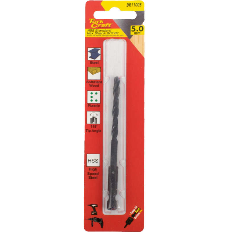 Drill bit hss standard 5.0mm hex shank 1/card