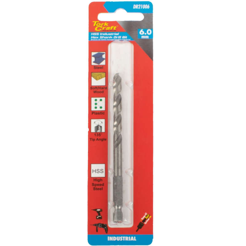 Drill hss 6.0mm 135deg 1/card hex shank industrial bit