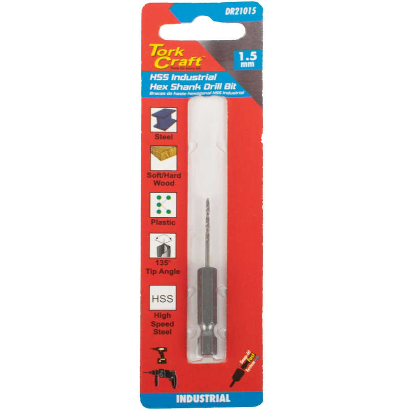 Drill hss 1.5mm 135deg 1/card hex shank industrial bit