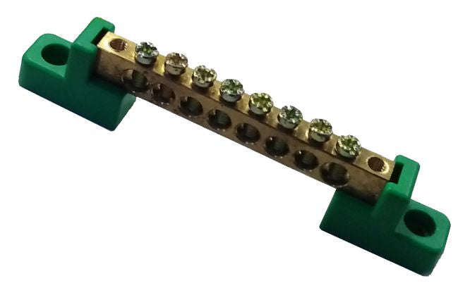 Earth brass bus bar 8-way 6x9mm green extended earth eb-bc-2-6x9-8w-gr-ext