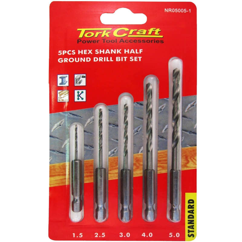 DRILL BIT SET 5PCS HSS HALF GROUND HEX SHANK 1.5/2.5/3/4/5MM POLISHED