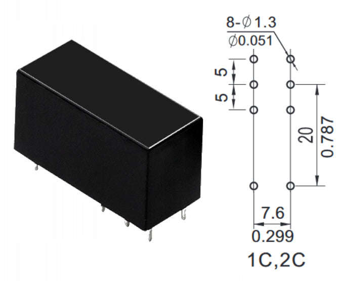 Relay dpdt 8a 12vdc rect 8pin 30x13x16mm nt75-2c-z-8-dc12v-0.41-5.0