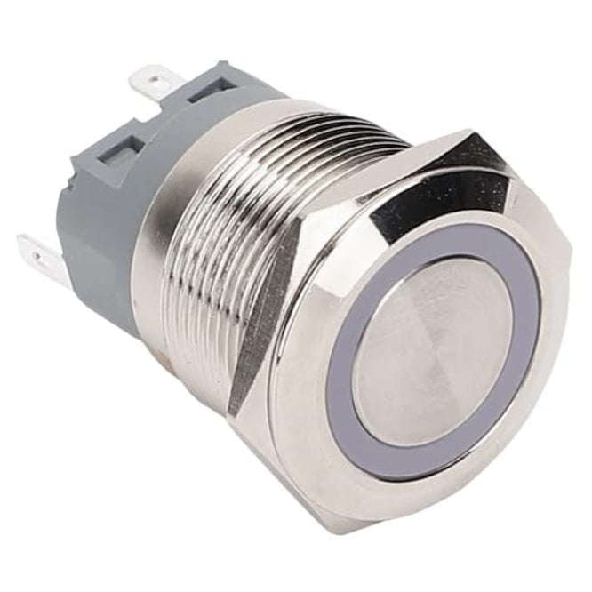 22mm push button switch mom spdt, iillum green metal 220vac 5a pb-steel-ill-mom-g
