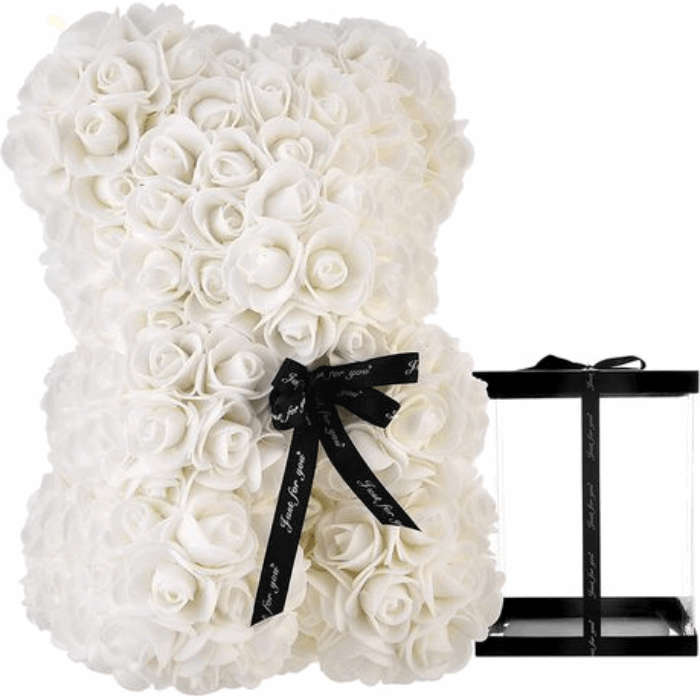 25cm Artificial Rose Teddy Bear For Birthdays,Valentines & Gifting With Box - White