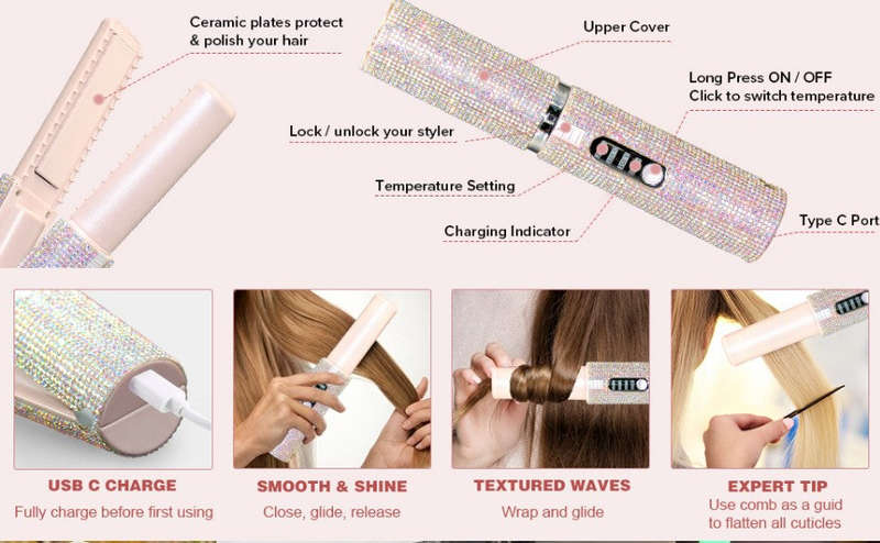 Electric USB Hair Straightening Brush Multifunctional Hair Curler Comb Styler - Pink