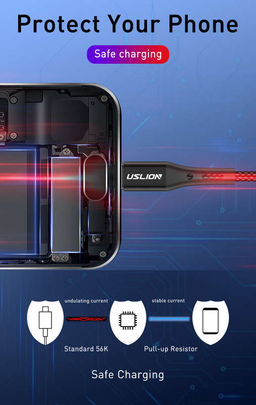 USLION Black 3A USB Type C Cable 2 meters