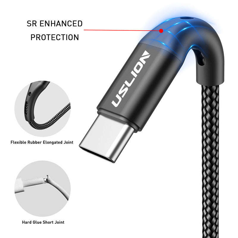 USLION Black 3A USB Type C Cable 2 meters