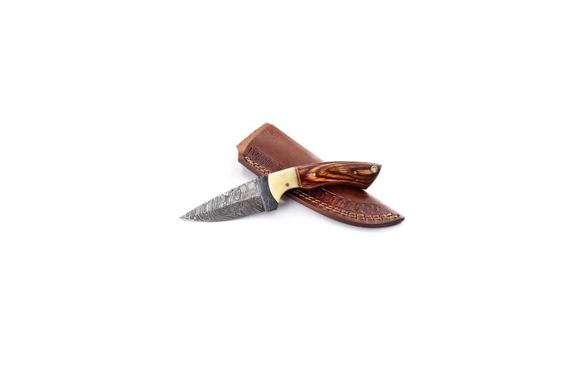 Damascus Hunting knife, Pakka Wood Handle, Bone  Bolster, Brass pins,  Lanyard pipe