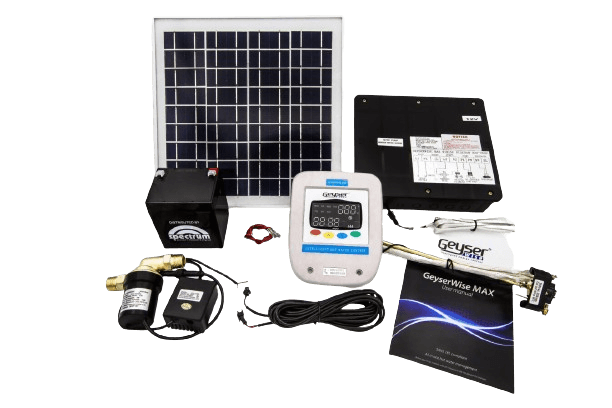 Geyserwise Max 12V Kit  Geyserwise Max with 12V Aluminium Pump and 10w Panel With Backup Battery