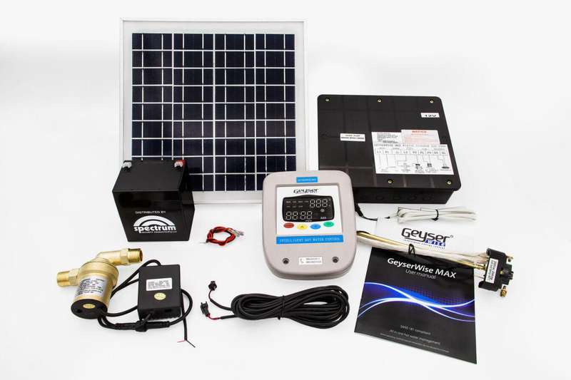 Geyserwise Max 12V Kit  Geyserwise Max with 12V Brass Pump and 10w Panel With Backup Battery
