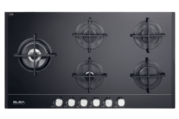 Elba Elio 90 Cm 5 Burner Gas On Glass Hob With Dualburner Black