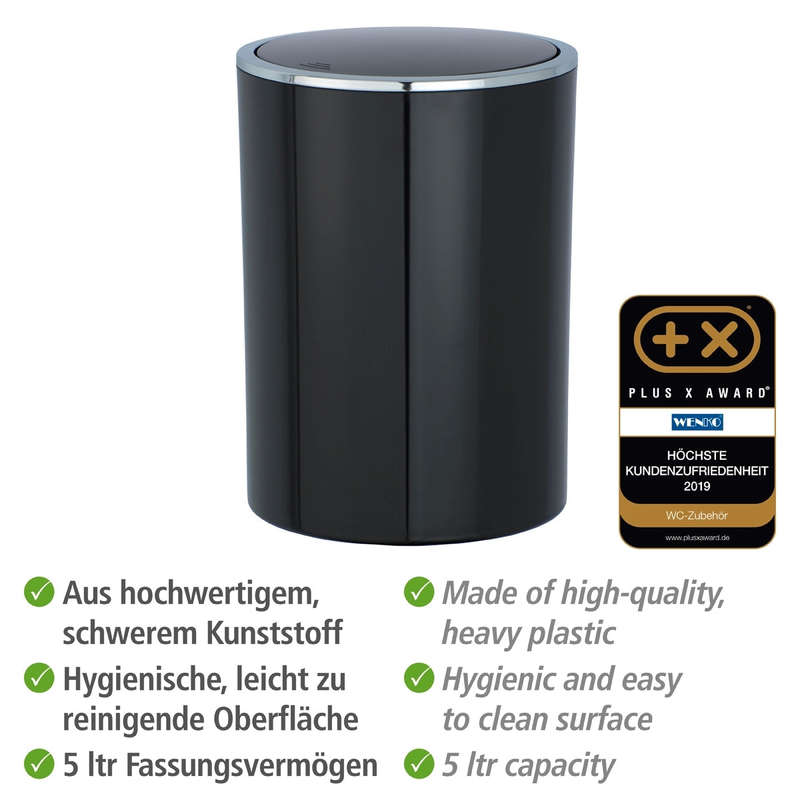 Wenko Swing Bin 5L - Inca Range - Plastic - Black & Chrome