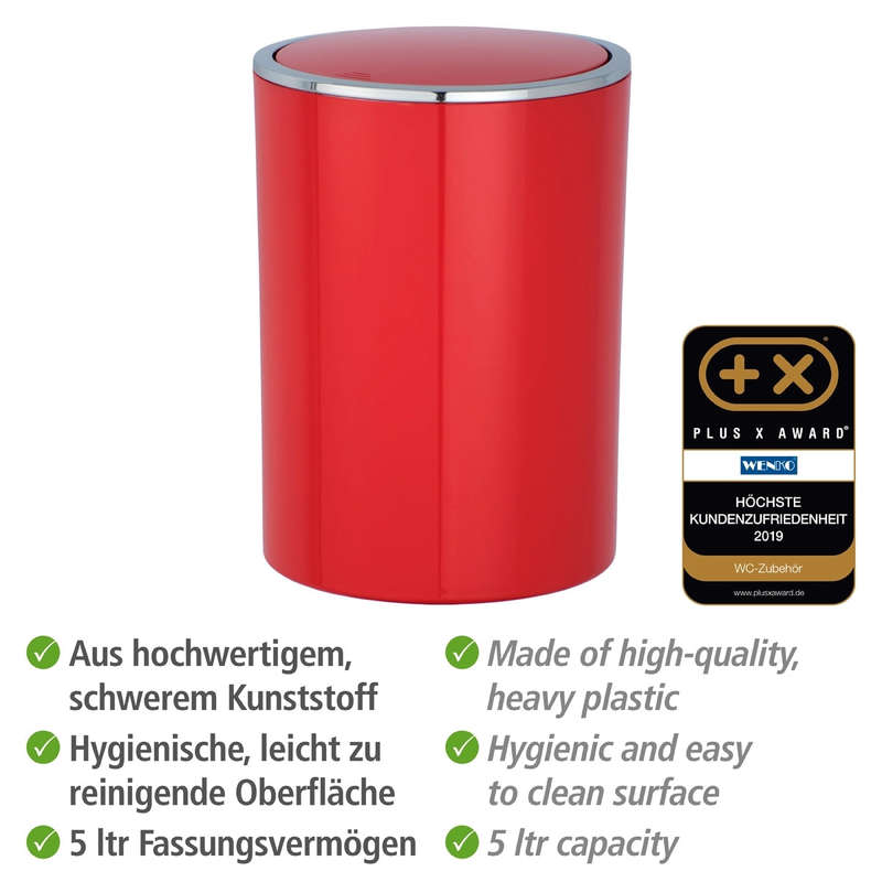Wenko Swing Bin 5L  - Inca Range - Plastic - Red & Chrome