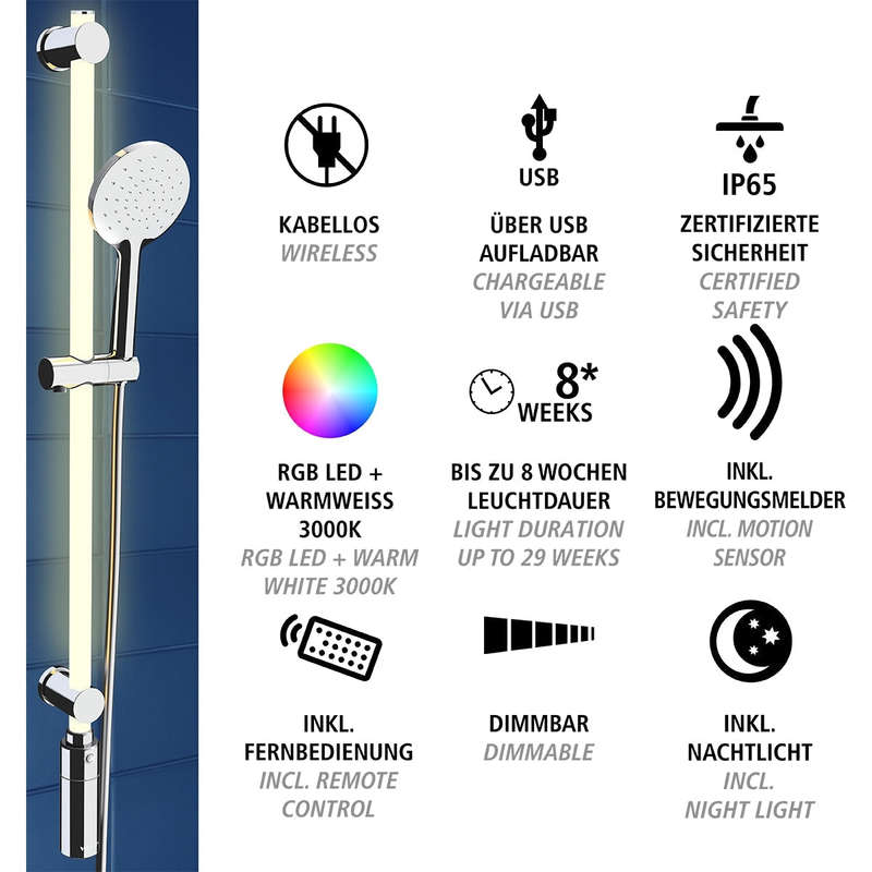Led Shower Rail 94cm Rgb + Warm White